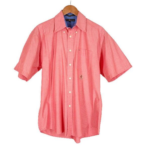 Tommy Hilfiger M Mens Casual Shirt Coral Pink Checked Button Down Collar Preppy - Picture 1 of 7